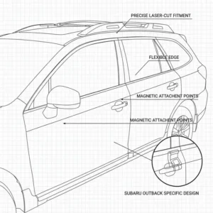 Technical diagram showing the precise laser-cut edges of a subaru outback window shade for a perfect fit