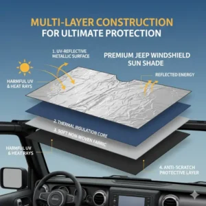 Technical diagram of the multi-layer construction of a jeep windshield sun shade showing the reflective surface.