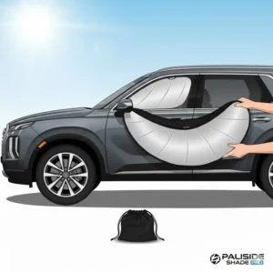 Demonstrating the compact folding mechanism of a portable hyundai palisade sunshade for easy storage.