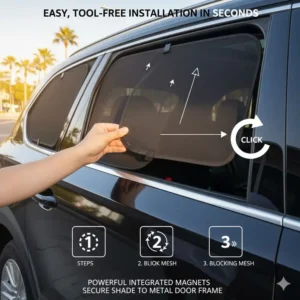A step-by-step guide on how to easily install magnetic sunshades on a car door.