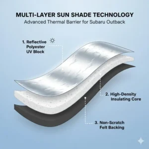 Technical diagram showing the multi-layer thermal insulation technology used in sun shades for subaru outback.