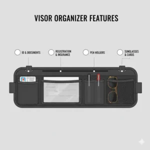 Close-up view of the storage compartments and card holders on functional auto sun visor covers.