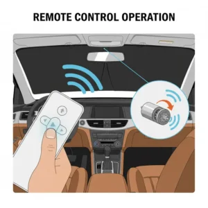A close-up view of a hand using a wireless remote to operate the electric sun shade car.