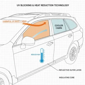 Infographic explaining how a subaru outback window shade blocks harmful UV rays and keeps the cabin cool.