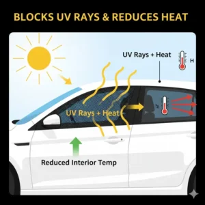 Diagram showing how a magnetic car window cover blocks UV rays and reduces heat.