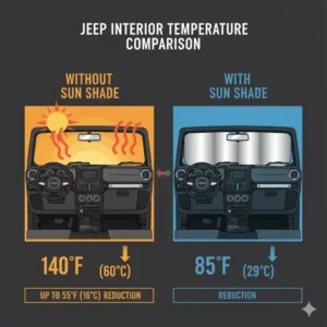 Infographic comparing interior cabin temperatures with and without using a jeep windshield sun shade.