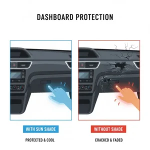 Close up of a protected car interior demonstrating how do windshield covers work for heat and UV protection.