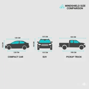 Comparison chart of average windshield size differences between compact cars, SUVs, and pickup trucks.