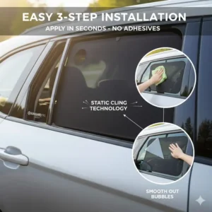 A step-by-step visual guide on how to properly install your new car window cling shade on vehicle glass.