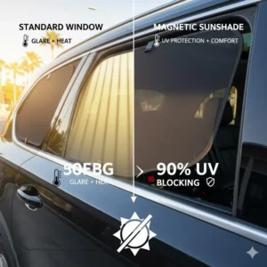 High-quality mesh of magnetic sunshades blocking sun glare while maintaining airflow.