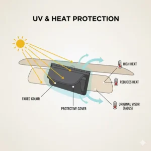Infographic demonstrating heat resistance and UV protection provided by high-quality auto sun visor covers.