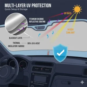 Silver titanium coating on the best car windshield sun shade umbrella for UV reflection.