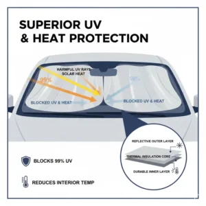 An illustration showing how the multi-layer fabric of an electric sun shade car reflects UV rays.