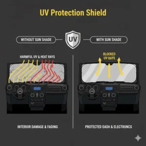 Graphic illustrating how a jeep windshield sun shade blocks harmful UV rays to protect the dashboard.