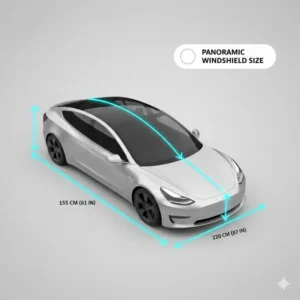 Illustration of an extra-large panoramic windshield size extending from the hood to the roofline.