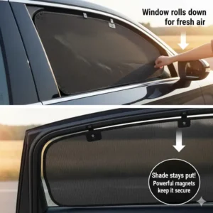 Demonstration of a car window rolling down with magnetic sunshades staying in place.