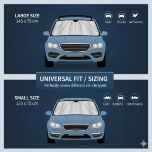 Dimension chart showing different sizes of the best car windshield sun shade umbrella.
