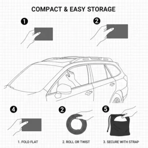 Visual demonstration of folding a subaru outback window shade into its compact storage bag.