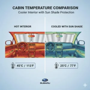 Comparison chart showing lower interior temperatures after installing sun shades for subaru outback.