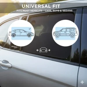 Illustration showing the universal fit of the car window cling shade on different types of cars and SUVs.