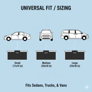 Comparison chart showing the different sizes available for these universal fit retractable car blinds.