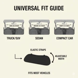 Size guide and dimensions for universal fit auto sun visor covers compatible with most cars and SUVs.
