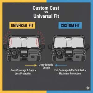 Comparison between a custom-fit jeep windshield sun shade and a generic universal fit option.