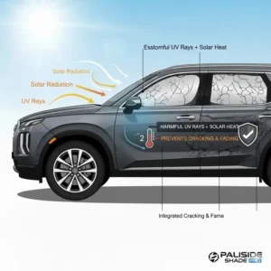 Illustration of how a hyundai palisade sunshade prevents the dashboard and leather interior from cracking and fading.