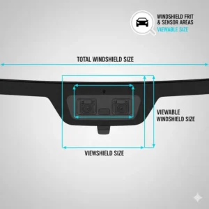 Diagram showing the black border frit and camera sensor cutouts that impact the total windshield size.