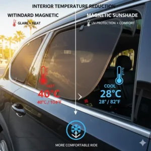 Infographic showing interior temperature cooling after installing magnetic sunshades.