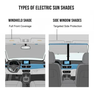 A side-by-side comparison of different models of an electric sun shade car for various windows.