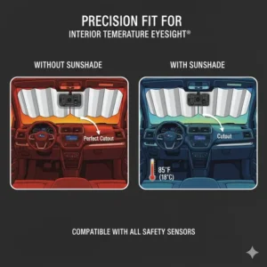 Close-up view of the precise cutout design for a subaru outback sunshade to work with EyeSight cameras.