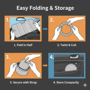 Step-by-step guide on how to fold and store a jeep windshield sun shade in a compact bag.