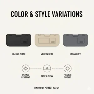 A display of various color options available for auto sun visor covers to match different interior designs.