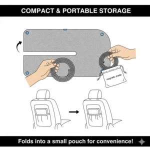 A magnetic car window cover folded into a small pouch for easy storage.