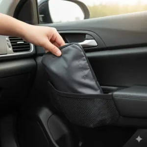 The best car windshield sun shade umbrella folded into a compact storage pouch.