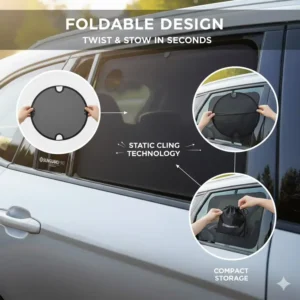 An infographic demonstrating how to fold and store the car window cling shade in a compact travel pouch.