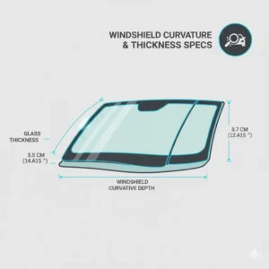 Technical cross-section showing windshield size curvature and glass thickness for aerodynamic fitment.