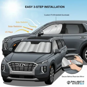 Step-by-step installation showing how to perfectly secure a hyundai palisade sunshade behind the rearview mirror.