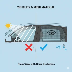 View from inside the car showing the clear visibility through the mesh of these retractable car blinds.