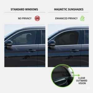 The exterior look of a vehicle using magnetic sunshades for enhanced passenger privacy.