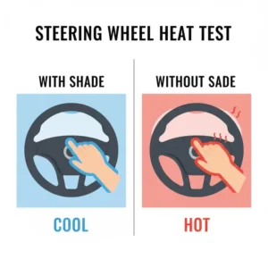 A thermal test of a car steering wheel showing how do windshield covers work for heat to keep surfaces cool.