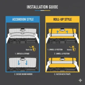Installation instructions for both accordion and roll-up styles of a jeep windshield sun shade.