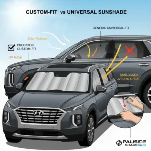 Comparison between a gap-free custom hyundai palisade sunshade and a poorly fitting universal car shade.