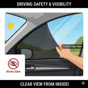 Interior view demonstrating clear visibility through a magnetic car window cover while driving