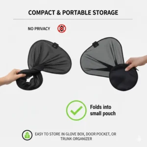 Compact and foldable magnetic sunshades being placed into a dedicated storage bag.