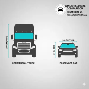 Visual scale comparison showing the massive windshield size of a commercial semi-truck versus a standard passenger vehicle.