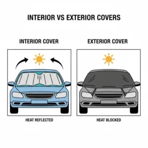 Side by side comparison of interior vs exterior models to evaluate how do windshield covers work for heat in summer.