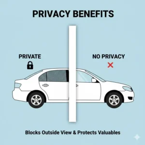 Illustration highlighting the privacy and security benefits of using retractable car blinds in a parked vehicle.