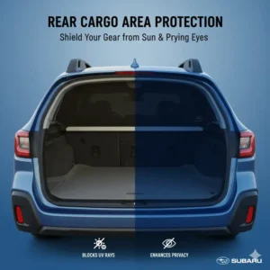 Rear view of a vehicle showing the cargo area protected by specialized sun shades for subaru outback.
